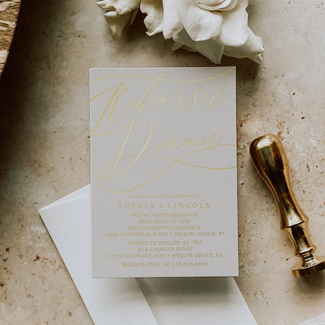 Carte Postale D'invitation À Feuilles D'aluminium Dîner de répétition romantique en ivoire foil Insé (Créateur téléchargé)