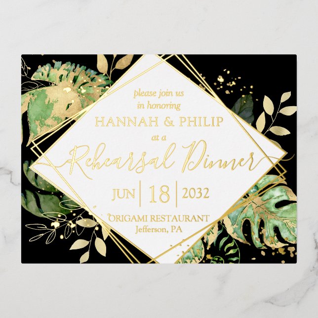Carte Postale D'invitation À Feuilles D'aluminium Dîner de répétition tropicale moderne Gold (Recto)