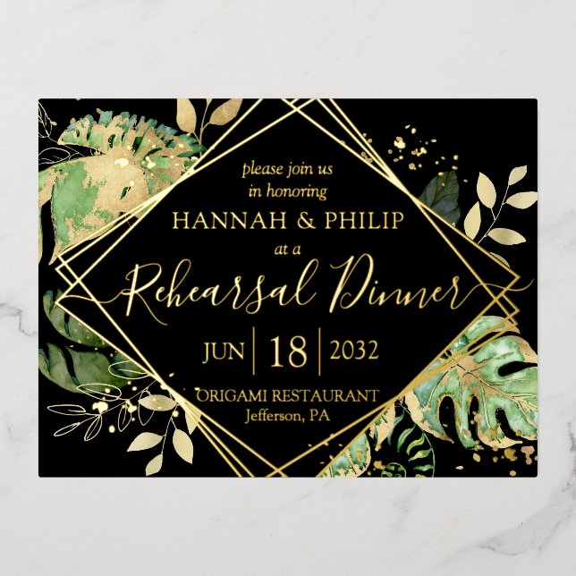 Carte Postale D'invitation À Feuilles D'aluminium Dîner de répétition tropicale moderne Gold (Recto)