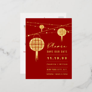 Carte Postale D'invitation À Feuilles D'aluminium Double Happiness Lanternes Chinois Enregistrer La 