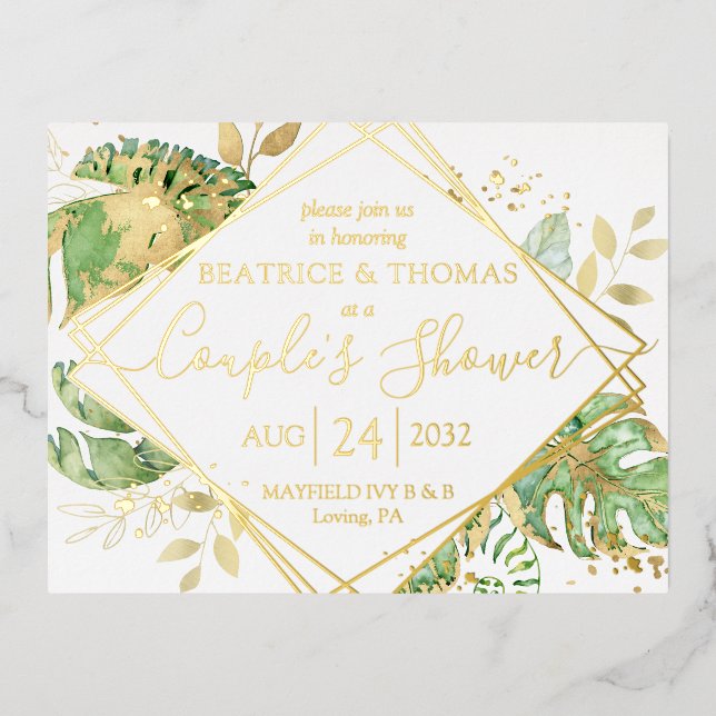 Carte Postale D'invitation À Feuilles D'aluminium Douche moderne Tropical Couple's Gold (Recto)