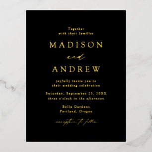 Carte Postale D'invitation À Feuilles D'aluminium Elégance moderne Mariage noir et or