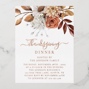 Carte Postale D'invitation À Feuilles D'aluminium Élégant automne Feuilles floraux Thanksgiving Rose