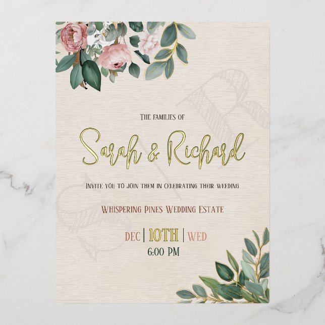 Carte Postale D'invitation À Feuilles D'aluminium Élégant Blush Floral Monogram Mariage (Recto)