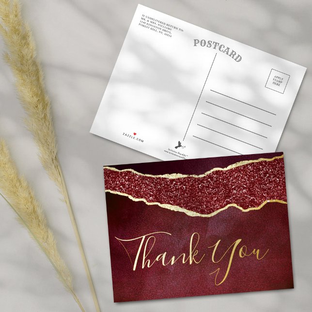 Carte Postale D'invitation À Feuilles D'aluminium Elégant Bourgogne Agate Mariage Merci réel (Créateur téléchargé)