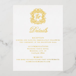 Carte Postale D'invitation À Feuilles D'aluminium Elegant Crest Monogram Mariage Détails Card