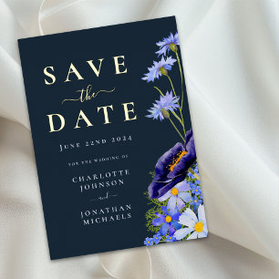 Carte Postale D'invitation À Feuilles D'aluminium Élégant Floral Bleu Mariage Enregistrer La Date Or