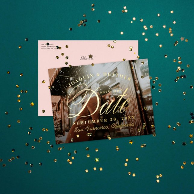 Carte Postale D'invitation À Feuilles D'aluminium Elegant Gold Photo Enregistrer la date (Créateur téléchargé)