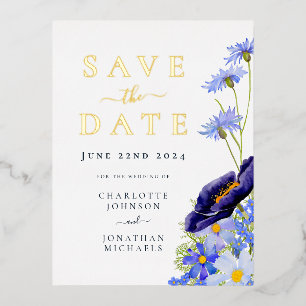 Carte Postale D'invitation À Feuilles D'aluminium Élégant Mariage d'été floral bleu or