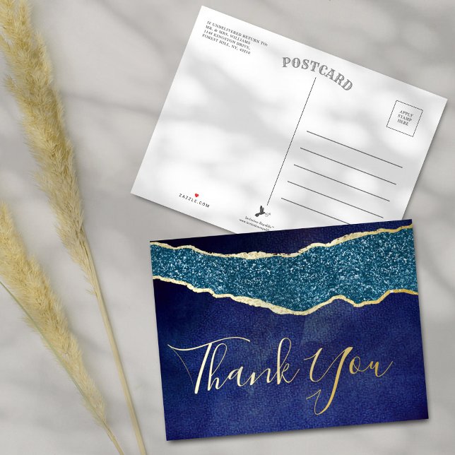 Carte Postale D'invitation À Feuilles D'aluminium Elégant Marine Blue Agate Mariage Merci réel (Créateur téléchargé)