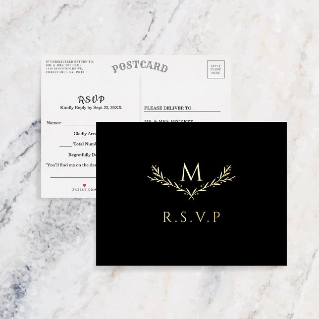 Carte Postale D'invitation À Feuilles D'aluminium Élégant Monogramme Wreath Wedding RSVP Real (Créateur téléchargé)