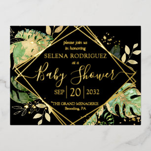 Carte Postale D'invitation À Feuilles D'aluminium Élégant noir Tropical Genre Baby shower neutre