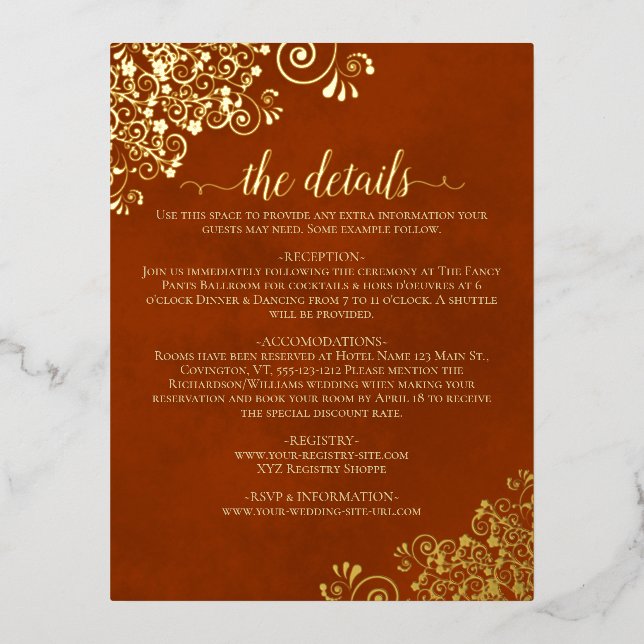 Carte Postale D'invitation À Feuilles D'aluminium Elegant rouille Orange Gold Foil Mariage Détails C (Recto)