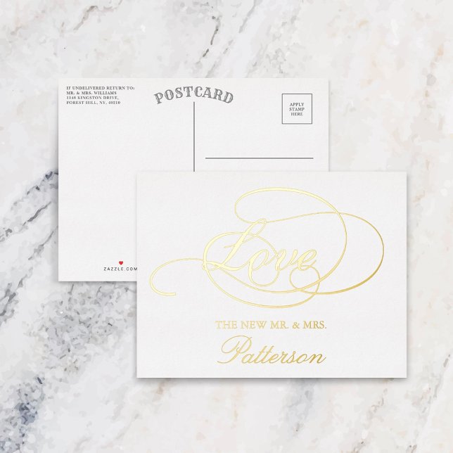 Carte Postale D'invitation À Feuilles D'aluminium Élégant Script "Amour" Mariage Merci réel (Créateur téléchargé)