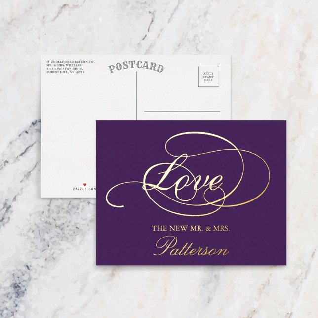 Carte Postale D'invitation À Feuilles D'aluminium Élégant Script "Amour" Mariage Merci réel (Créateur téléchargé)
