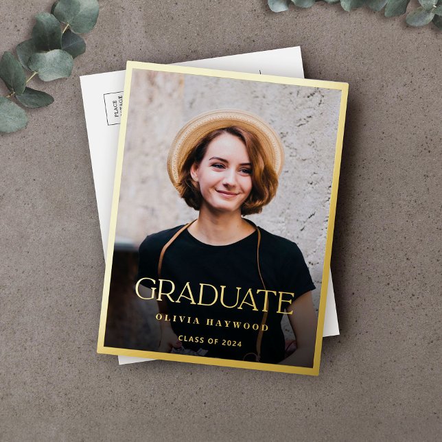 Carte Postale D'invitation À Feuilles D'aluminium Elégant Simple Photo Gold Graduation Party (Créateur téléchargé)