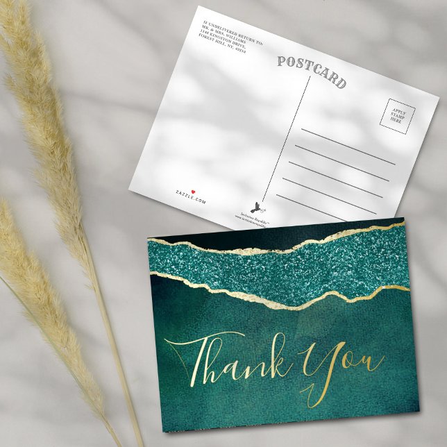 Carte Postale D'invitation À Feuilles D'aluminium Elégant Turquoise Agate Mariage Merci réel (Créateur téléchargé)
