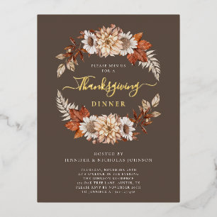Carte Postale D'invitation À Feuilles D'aluminium Elégante Automne Feuilles Thanksgiving Diner Or