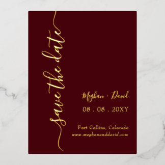 Carte Postale D'invitation À Feuilles D'aluminium Élégante Bourgogne manuscrite Enregistrer la date