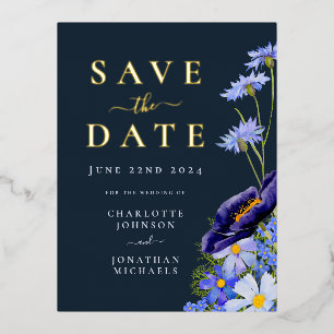 Carte Postale D'invitation À Feuilles D'aluminium Élégante Fleur d'Été Bleu Or Mariage