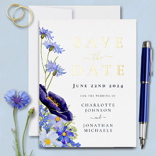 Carte Postale D'invitation À Feuilles D'aluminium Élégante Fleur Sauvage Bleu Or feuille Mariage