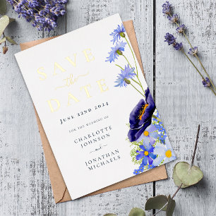 Carte Postale D'invitation À Feuilles D'aluminium Élégante Fleur Sauvage Bleue Mariage Enregistrer L