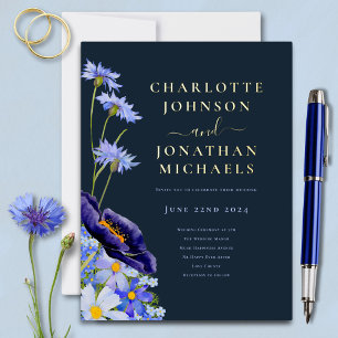 Carte Postale D'invitation À Feuilles D'aluminium Élégante Florale d'Été Bleu Marine et Or