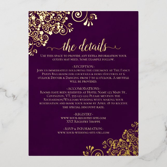 Carte Postale D'invitation À Feuilles D'aluminium Elégante Plum Purple Gold Foil Mariage Détails Car (Recto)