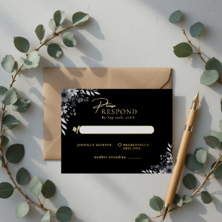 Carte Postale D'invitation À Feuilles D'aluminium Élégante Réponse de Mariage Florale Minimaliste No