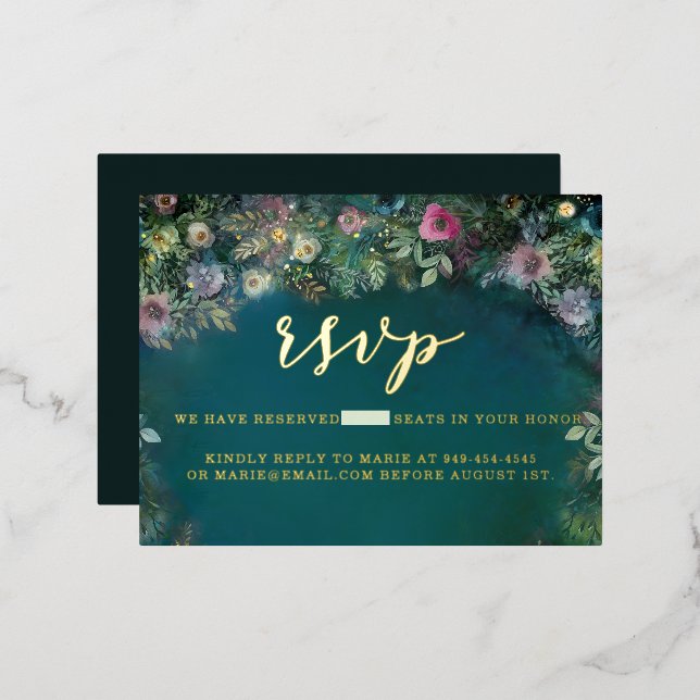 Carte Postale D'invitation À Feuilles D'aluminium Enchanted Forest Roses Arch Gold Sweet 16 RSVP (Recto/Verso)