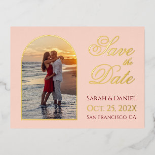 Carte Postale D'invitation À Feuilles D'aluminium Enregistrer la date Photo Arch Blush Pink Gold Scr