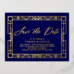 Carte Postale D'invitation À Feuilles D'aluminium Enregistrer La Date Royal Blue Gold Cadre Décorati