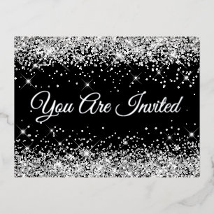 Carte Postale D'invitation À Feuilles D'aluminium Faux Parties scintillant d'argent sur Black 40e an