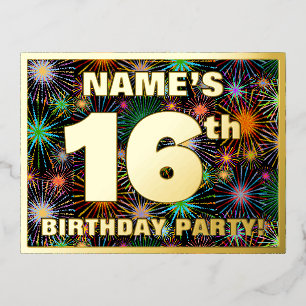 Carte Postale D'invitation À Feuilles D'aluminium Fête d'anniversaire 16 ans : Feu d'artifice audaci
