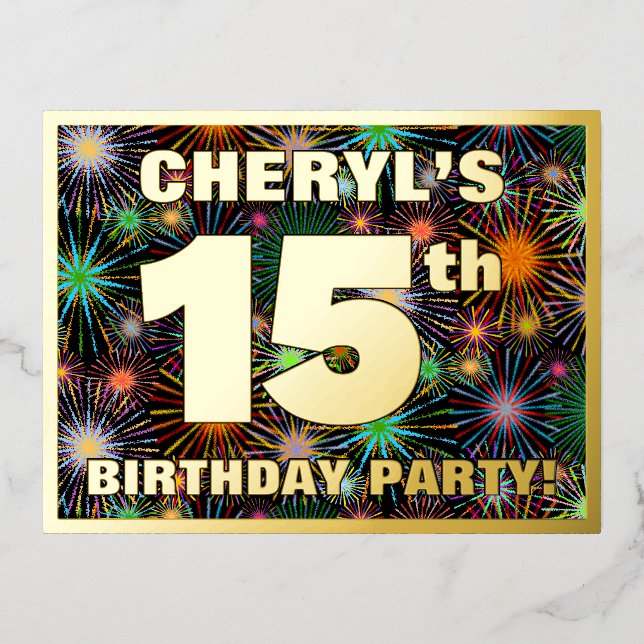 Carte Postale D'invitation À Feuilles D'aluminium Fête du 15e anniversaire : Téméraire, coloré Feu d (Recto)
