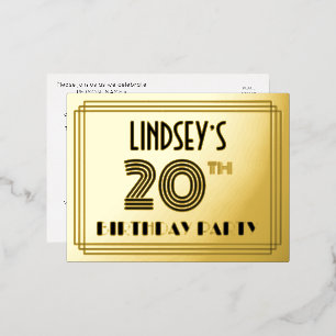 Carte Postale D'invitation À Feuilles D'aluminium Fête du 20e anniversaire ~ Style Art Déco "20" + N