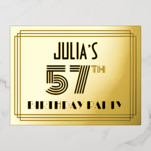 Carte Postale D'invitation À Feuilles D'aluminium Fête du 57ème anniversaire ~ Style Art Déco "57" +