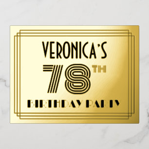 Carte Postale D'invitation À Feuilles D'aluminium Fête du 78ème anniversaire ~ Style Art Déco "78" +