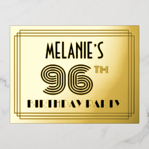 Carte Postale D'invitation À Feuilles D'aluminium Fête du 96ème anniversaire ~ Style Art Déco "96" +