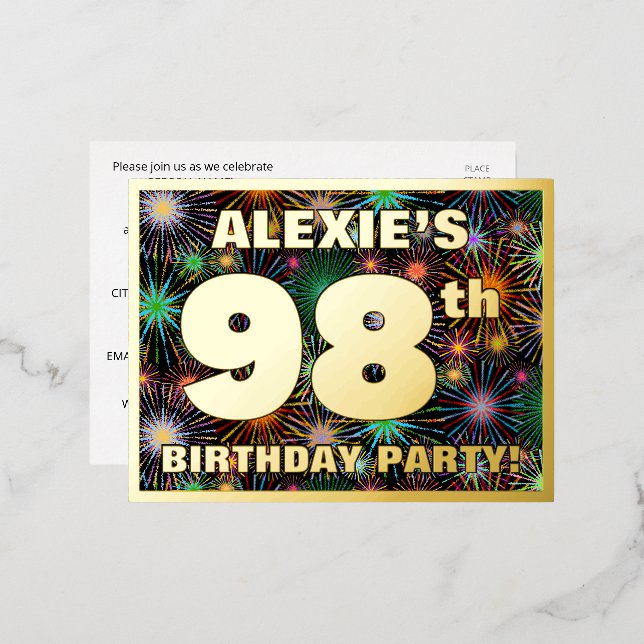 Carte Postale D'invitation À Feuilles D'aluminium Fête du 98e anniversaire : Téméraire, coloré Feu d (Recto/Verso)