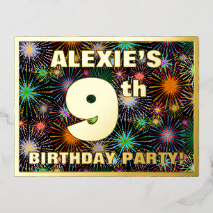 Carte Postale D'invitation À Feuilles D'aluminium Fête du 9e anniversaire : Téméraire, coloré Look