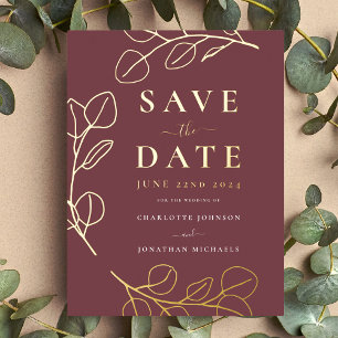 Carte Postale D'invitation À Feuilles D'aluminium Feuille minimaliste élégant Burgundy Mariage or