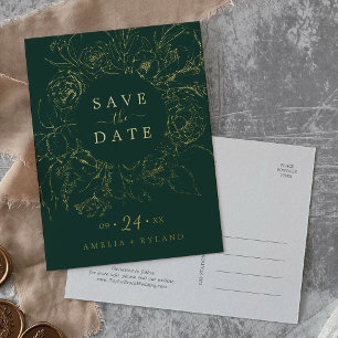 Carte Postale D'invitation À Feuilles D'aluminium Fleur florale dorée   Émeraude de papier d'or Enre