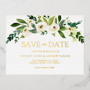 Carte Postale D'invitation À Feuilles D'aluminium Fleurs Blanches en Fleurs Mariage Économisez la Da