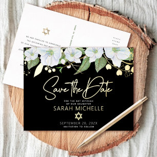 Carte Postale D'invitation À Feuilles D'aluminium Fleurs de Bat Mitzvah Date à Sauvegarder Noir Or R