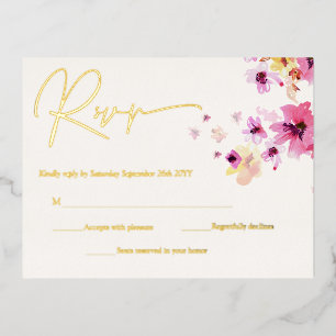 Carte Postale D'invitation À Feuilles D'aluminium Fleurs florales roses jaunes botaniques RSVP Or