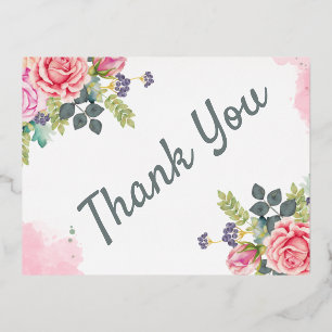 Carte Postale D'invitation À Feuilles D'aluminium Fleurs roses de verdure à l'aquarelle