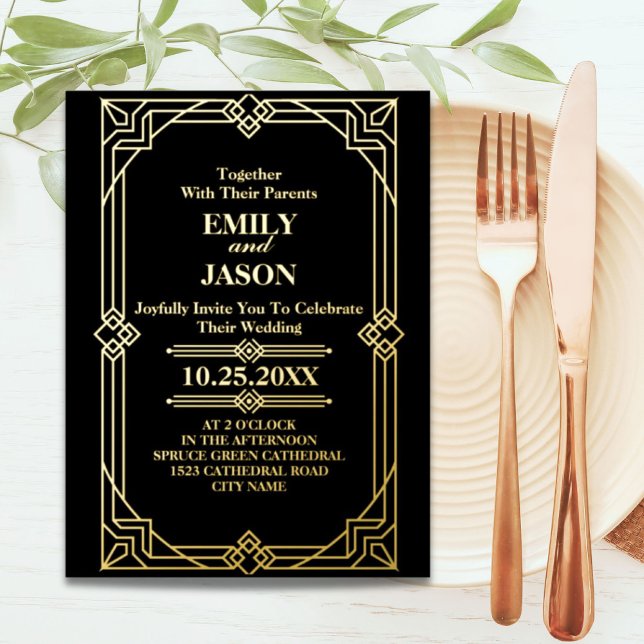 Carte Postale D'invitation À Feuilles D'aluminium Géométrique Or noir grandes portes par mariage Art (Geometric Gold black great gatsby Art Deco wedding Foil Invitation Postcard)
