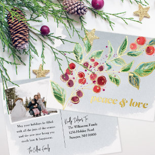 Carte Postale D'invitation À Feuilles D'aluminium Gilded Berries Peace & Love Holiday Photo