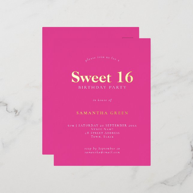 Carte Postale D'invitation À Feuilles D'aluminium Glam Hot rose Sweet 16 Anniversaire (Recto/Verso)